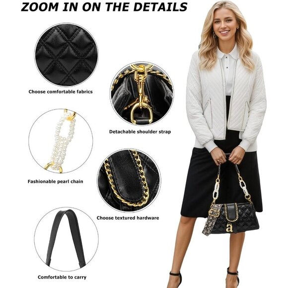 🆕Women Black Shoulder Elegant Clutch Purse with Pearl Chain Strap Crossbody Bag - Picture 5 of 6